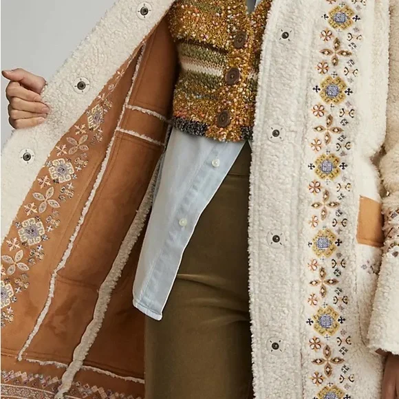 Anthropologie Maeve Embroidered Sherpa Coat - Picture 3 of 3